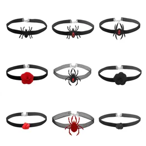 Gothic Halloween Schwarz Samt Netzspitze Kropfband Halskette Für Damen Retro Spinne Rose Fledermaus Anhänger Party Schmuck Geschenk