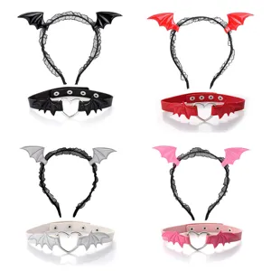 Halloween Bat Wings Headband Heart Choker PU Leather Alloy Lace Gothic Cool Style For Masquerade Party Women Accessories