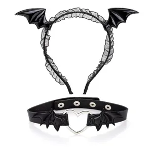 Black gothic bat wing lace headband and heart ring choker detail shot for festival party.