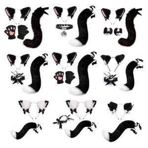 Süß Stoff Katzenohren Stirnband Plüsch Schwanz Halsband Handschuhe Cosplay Kostüm Zubehör Set Für Halloween Party Unisex Stil
