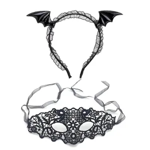Details of black bat wing headband and lace mask set for Halloween party costume accessories.