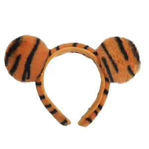 Plush tiger ear headband detail, cute animal hair accessory for party and daily wear.