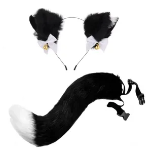 Schwarz-weißer Plüsch Katzenohren Haarreif und flauschiger Schwanz Set mit Schleifen und Glocken.