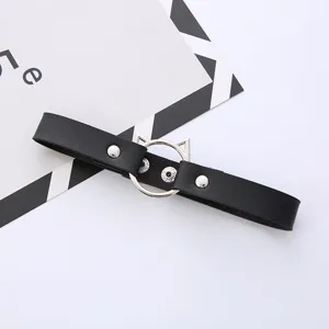 Black leather choker necklace with metal cat ear ring design, punk gothic fashion jewelry.