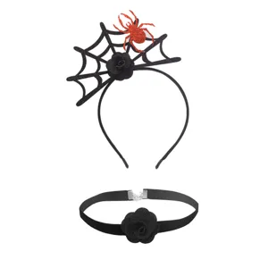 Detailed shot of Halloween black spider web headband and rose choker set for party.