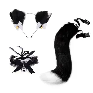 Katzenohren und Schwanz Cosplay Set mit Plüsch Haarreif, Fellschwanz und Glocken Halsband.