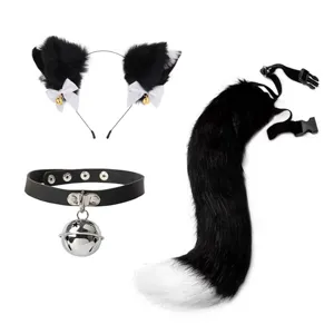 Flauschiges schwarz-weisses Katzenohren-Haarband, Leder-Halsband und Schwanz-Cosplay-Set.