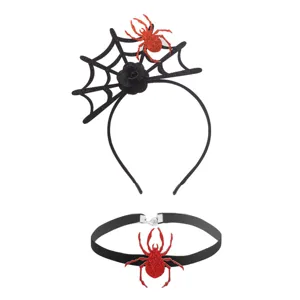 Halloween spider headband and choker set, black web and red glitter design for party.