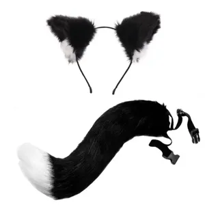 Schwarz weiße Katzenohren Haarreif und flauschiges Schwanz Set für Cosplay und Party.