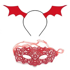 Halloween red bat wings headband and lace mask set for festival party costume dress up items