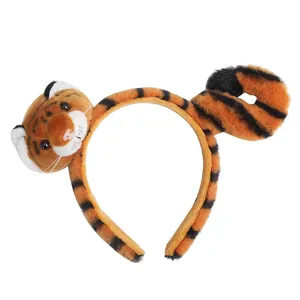 Plush tiger headband detail, weiches orange schwarz gestreiftes Material mit Tiermotiv.