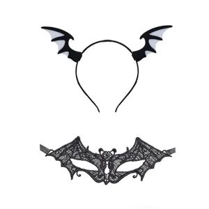 Halloween bat wing headband lace mask set party cosplay costume hair hoop black dress up