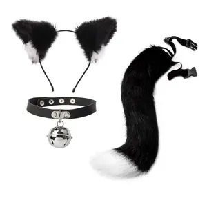 Süßes Schwarz-Weiß Katzenohren Haarreif, Glockenhalsband und flauschiger Schwanz Set.