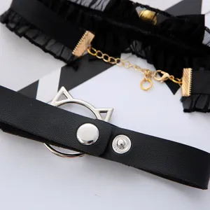 Black lace and PU leather cat ear chokers set, gothic punk collarbone necklace for women.