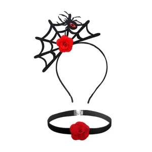 Halloween spider web headband and black rose choker set for party costume dress up accessories.