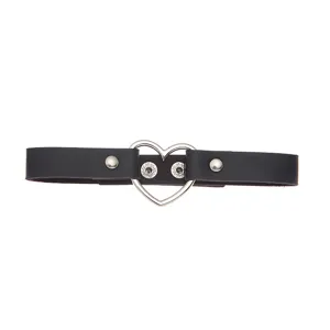Black leather choker necklace featuring a silver heart ring detail and metal snap buttons.