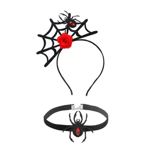 Halloween spider web headband and choker set with red rose and crystal gemstone for party.