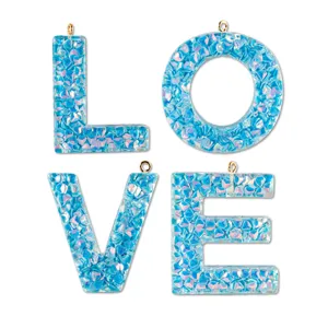 Blue glitter resin letter charms LOVE keychains DIY pendant bag accessories jewelry wholesale