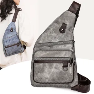 Vintage PU Leather Chest Bag For Women Men Casual Crossbody Messenger Shoulder Bag Multi Zipper Pockets Outdoor Sport Sling Pack