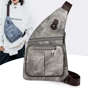 Casual PU Leather Chest Bag For Men Women Minimalist Solid Color Crossbody Sling Bag Multi Pocket Outdoor Sports Shoulder Pack