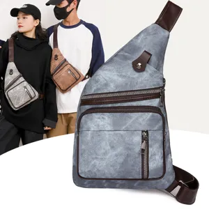 Vintage PU Leather Chest Bag For Men Women Solid Color Casual Crossbody Sling Bag Outdoor Travel Multi Pocket Shoulder Bag