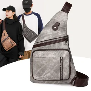 Retro PU leather sling bag casual chest pack outdoor sports crossbody bag for men and women.