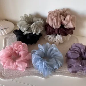 Korean Style Solid Color Mesh Scrunchie High Elasticity Pleated Fabric Hair Tie Sweet Girls Ponytail Holder Elegant Hair Accessories