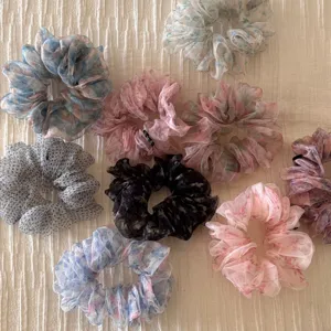 Korean Style Organza Scrunchie Floral Polka Dot Print Large Hair Ring Handmade Fluffy Hair Tie For Women Girls Daily Hair Accessories