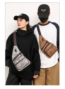 Vintage canvas chest bag multi-pocket crossbody shoulder bag for men and women outdoor casual