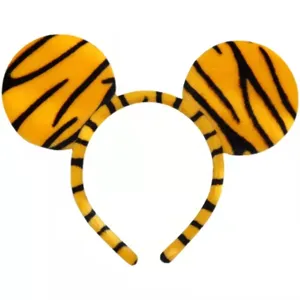 Detailed close-up of cute tiger striped plush headband with double round ears for party.