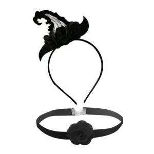 Detail view of black lace witch hat headband and rose choker set for halloween party decor.