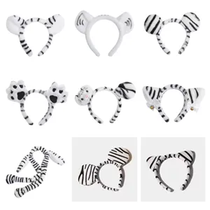 Cute plush tiger ear headband details, black and white striped hair accessories for party events.