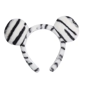 Plush animal ear headband with black and white stripes, cute party hair accessory.