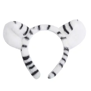 White plush tiger ear headband detail, cute fuzzy animal hair hoop for party and cosplay.