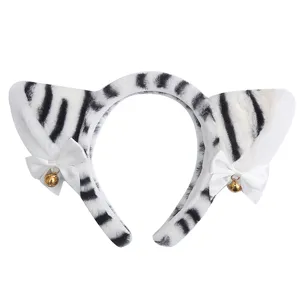 Plush white tiger ear headband with cute bows and bells, perfect for cosplay and party wear.