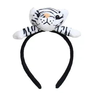 Cute plush white tiger headband for party, festival, and daily wear. Soft animal hair hoop.