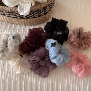 Korean solid color mesh hair scrunchies set, elegant hair ties for women and daily styling.