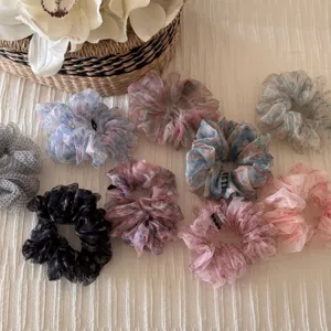 Retro fluffy organza floral hair scrunchies, gentle Korean style hair tie cute accessories.