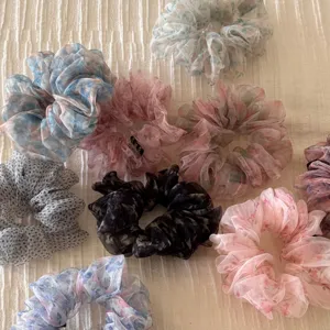 Vintage fluffy organza floral hair scrunchies set, elegant Korean style hair tie for women.