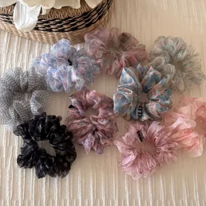 Retro floral organza scrunchies for women, soft Korean style hair ties and cute hair accessories.