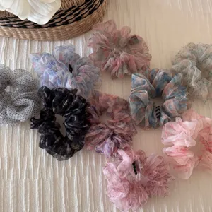 Retro fluffy organza floral scrunchies set, elegant Korean style hair ties for women and girls daily styling.