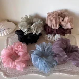 Korean solid color organza hair scrunchies set, high elasticity hair ties for daily use.