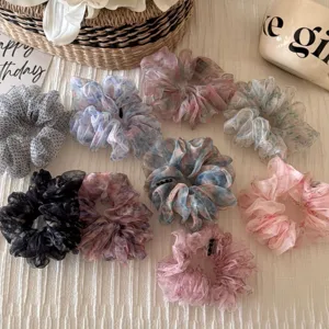 Retro fluffy organza floral hair scrunchies set, soft Korean style hair ties for women and girls.