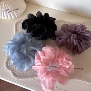 Korean style sheer organza hair scrunchies set, elegant fluffy elastic hair ties for women.