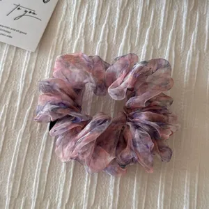 Vintage fluffy organza scrunchie hair tie for women, soft Korean style hair accessory.