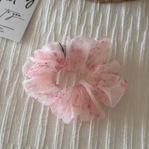 Pink floral organza hair scrunchie for women, fluffy vintage hair tie hair accessories cute