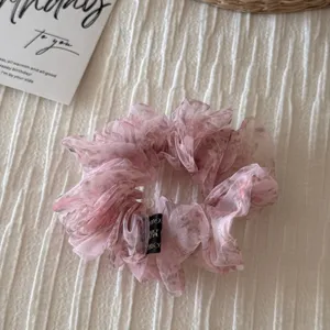 Vintage fluffy organza floral hair scrunchie, gentle Korean style hair tie for women.