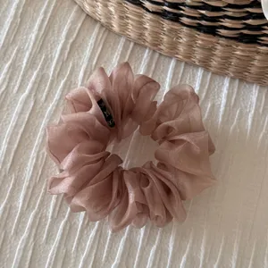 Korean style sheer organza hair scrunchie elegant nude pink elastic hair band for women