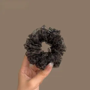 Retro leopard print organza hair scrunchie for women, fluffy lightweight ponytail holder.