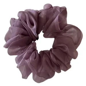 Korean style solid color mesh hair scrunchie, elegant purple fluffy hair tie for women daily use.